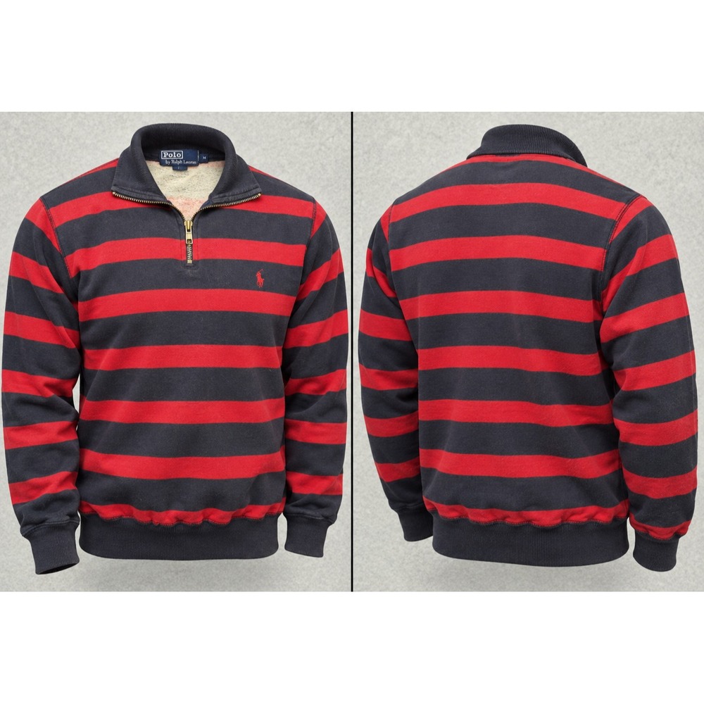 Vintage Polo Ralph Lauren Sweater Men M Red Navy Striped 1/4 Zip Long Sleeve 90s